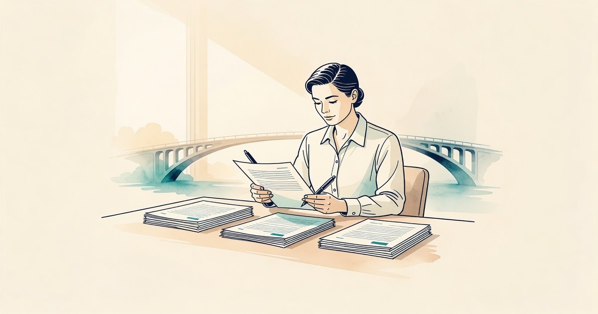 Ilustración de una persona leyendo un contrato de trabajo en inglés sobre un escritorio, con un puente al fondo
