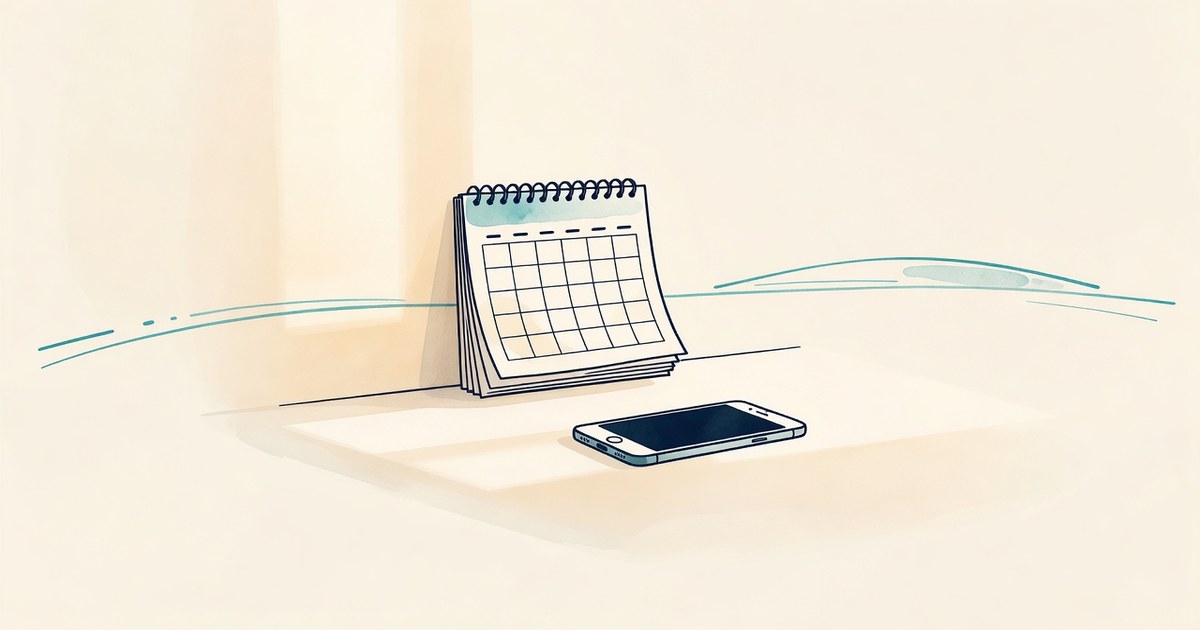 Calendario de papel y un teléfono boca abajo