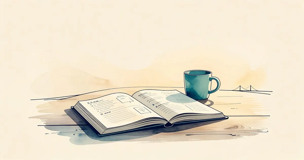 Agenda abierta en una mesa, taza de té, sin pantallas