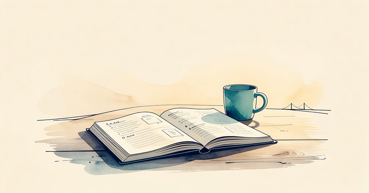 Agenda abierta en una mesa, taza de té, sin pantallas