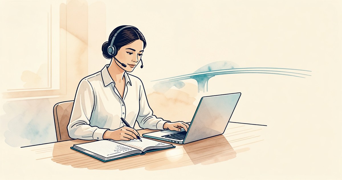 Asistente virtual bilingüe en su puesto de trabajo remoto con diadema y agenda