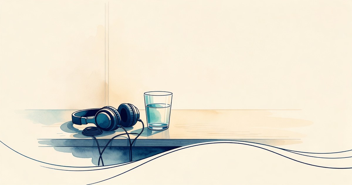 Auriculares y un vaso de agua en un escritorio de casa