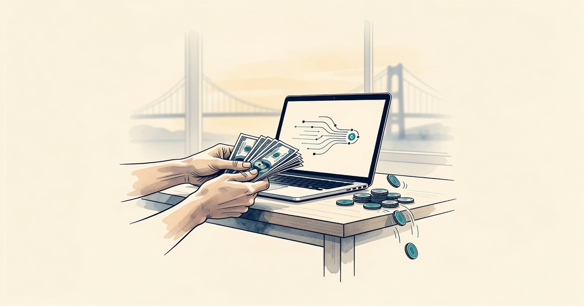 Ilustración de una persona contando billetes junto a un portátil con una transferencia en pantalla, con un puente al fondo