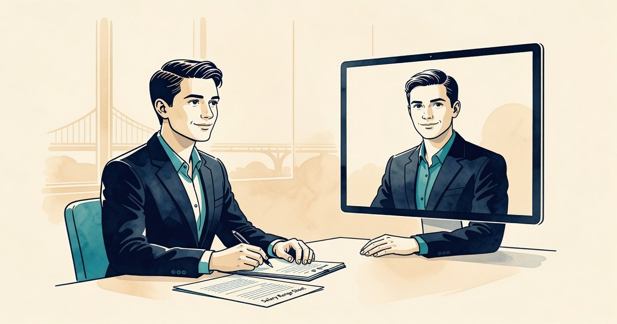 Ilustración de dos personas en videollamada negociando, con notas y una hoja de rangos salariales, y un puente al fondo