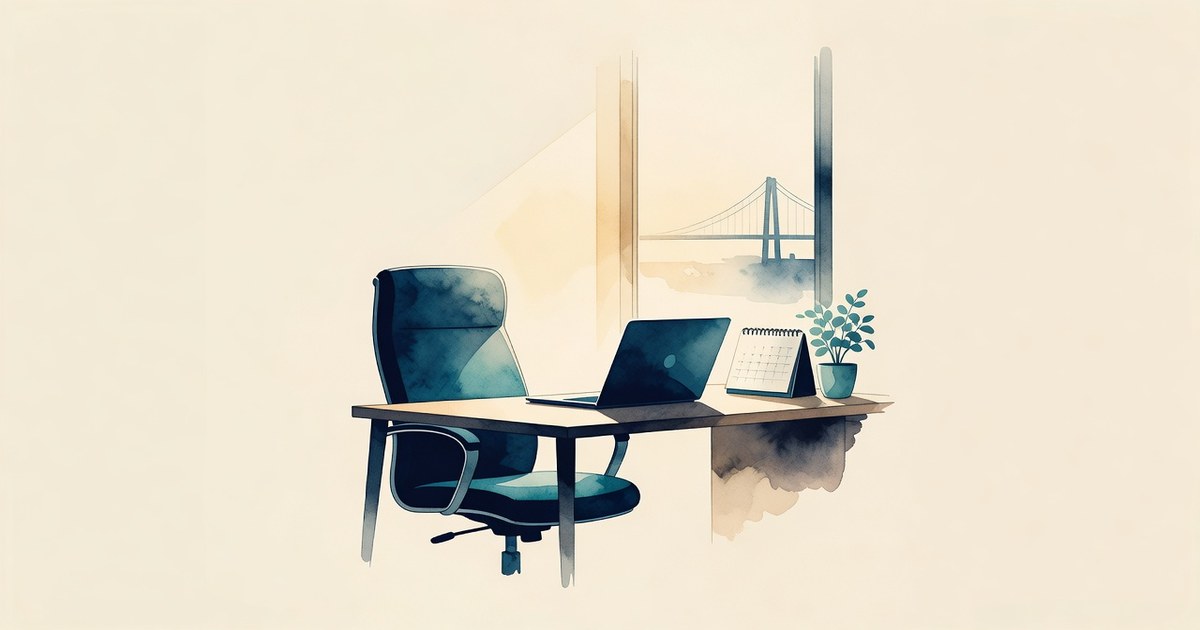 Ilustración de una silla de oficina vacía junto a un escritorio con un calendario sin marcar, con un puente al fondo