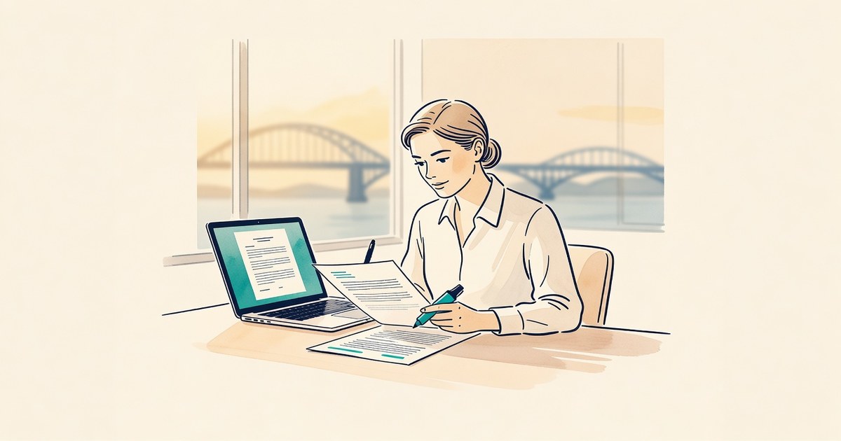 Ilustración de una persona leyendo un contrato impreso con un resaltador, junto a un portátil, con un puente al fondo