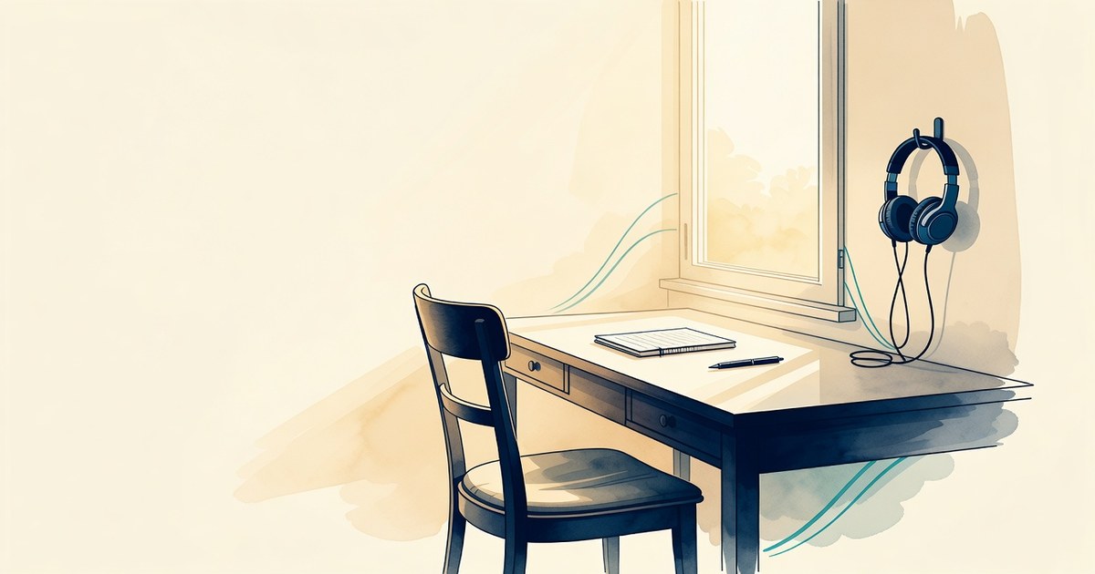 Escritorio de casa con auriculares y una ventana con luz