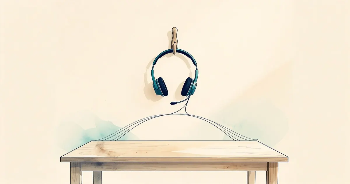 Auriculares de diadema sobre un gancho, escritorio vacío