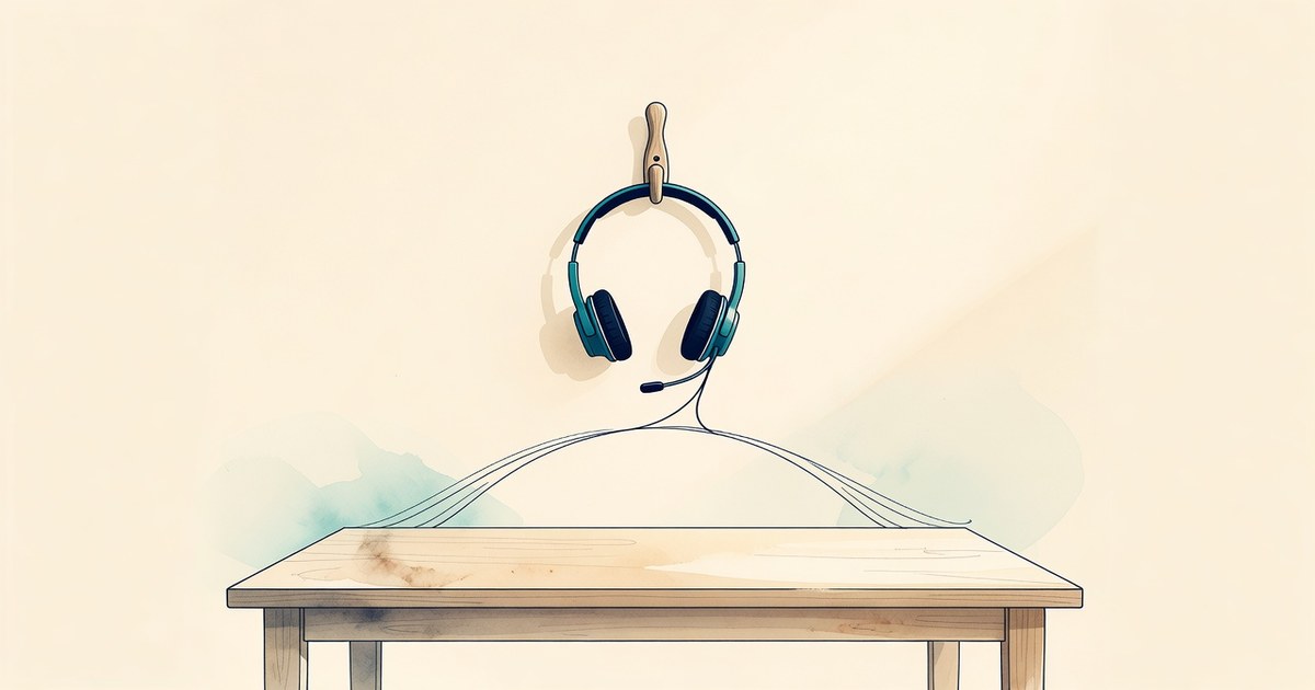 Auriculares de diadema sobre un gancho, escritorio vacío