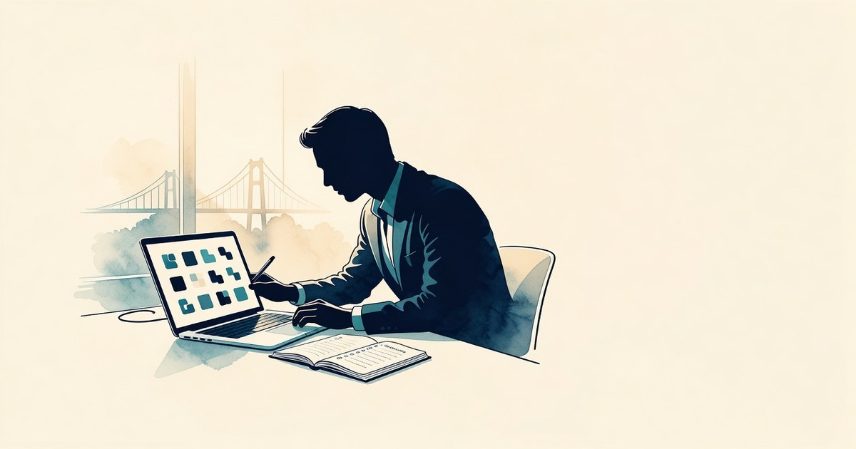 Ilustración de una persona revisando un listado de empresas en un portátil, con un puente al fondo hacia Estados Unidos