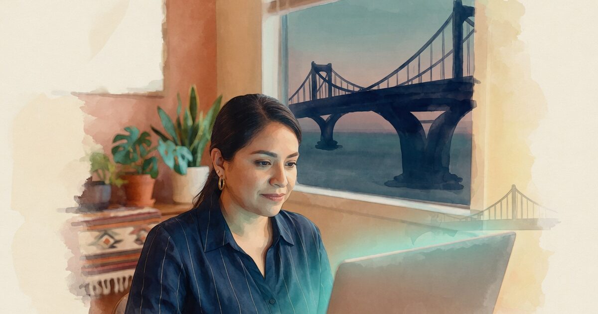 Ilustración de una persona en una entrevista de trabajo remota por videollamada, con un puente al fondo simbolizando el cruce hacia un trabajo en Estados Unidos