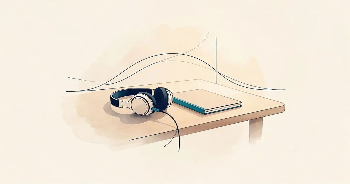 Auriculares sobre un escritorio vacío, luz cálida