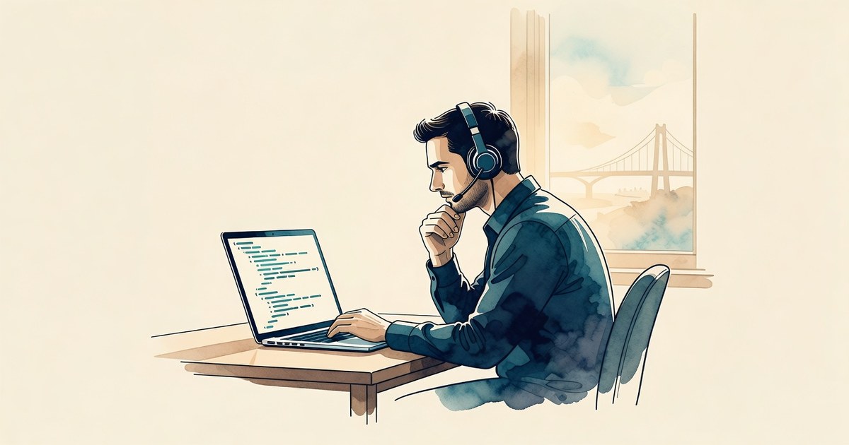 Ilustración de una persona programando durante una entrevista en vivo por videollamada, con un puente al fondo