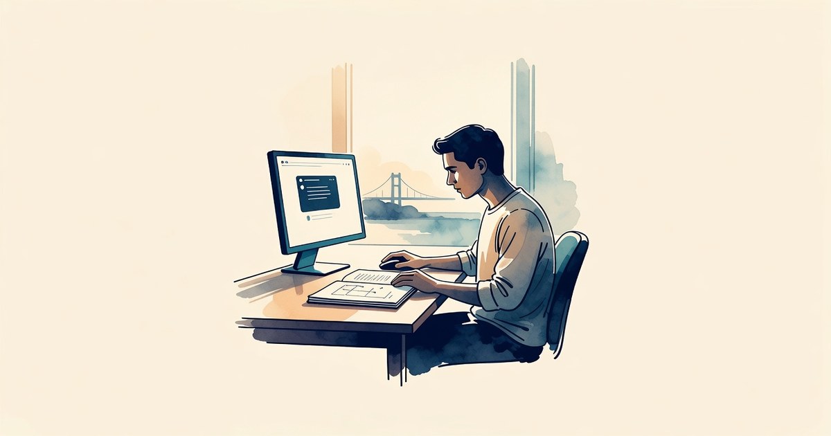 Ilustración de una persona tomando una decisión sola frente a su escritorio, con una libreta con un plan, y un puente al fondo