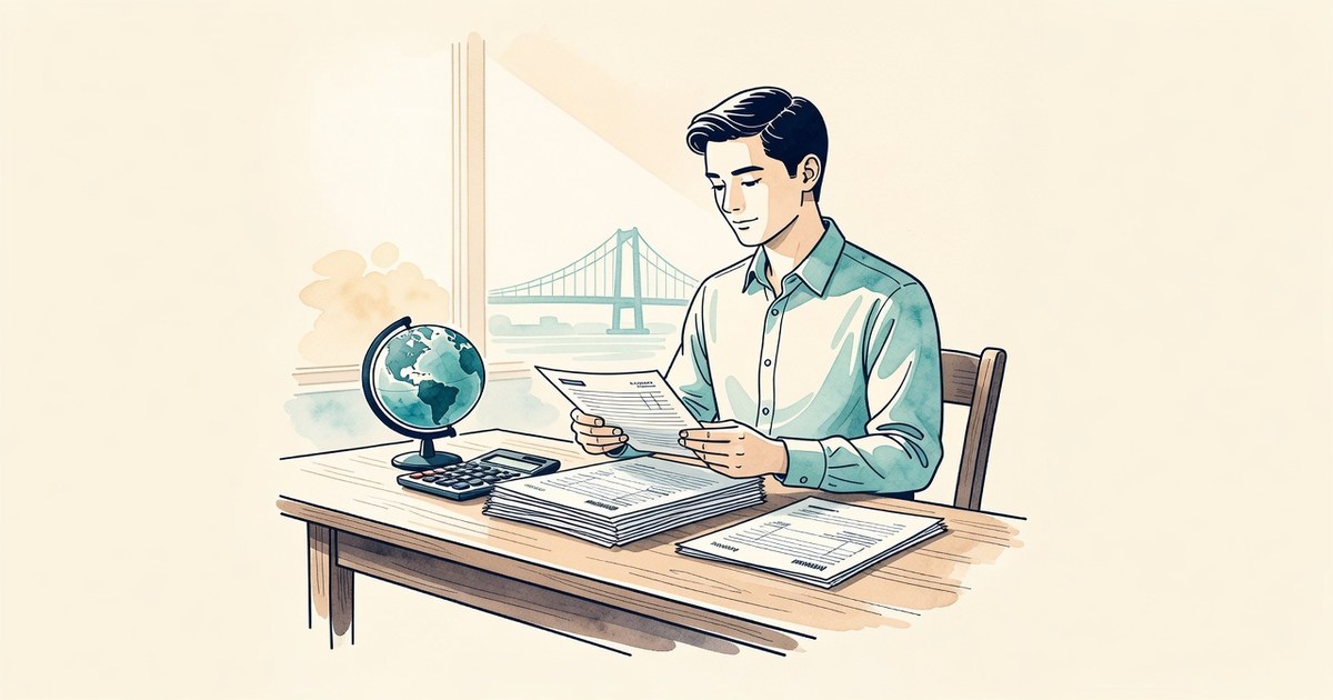 Ilustración de una persona revisando documentos fiscales frente a un mapa de Latinoamérica, con un puente al fondo hacia Estados Unidos