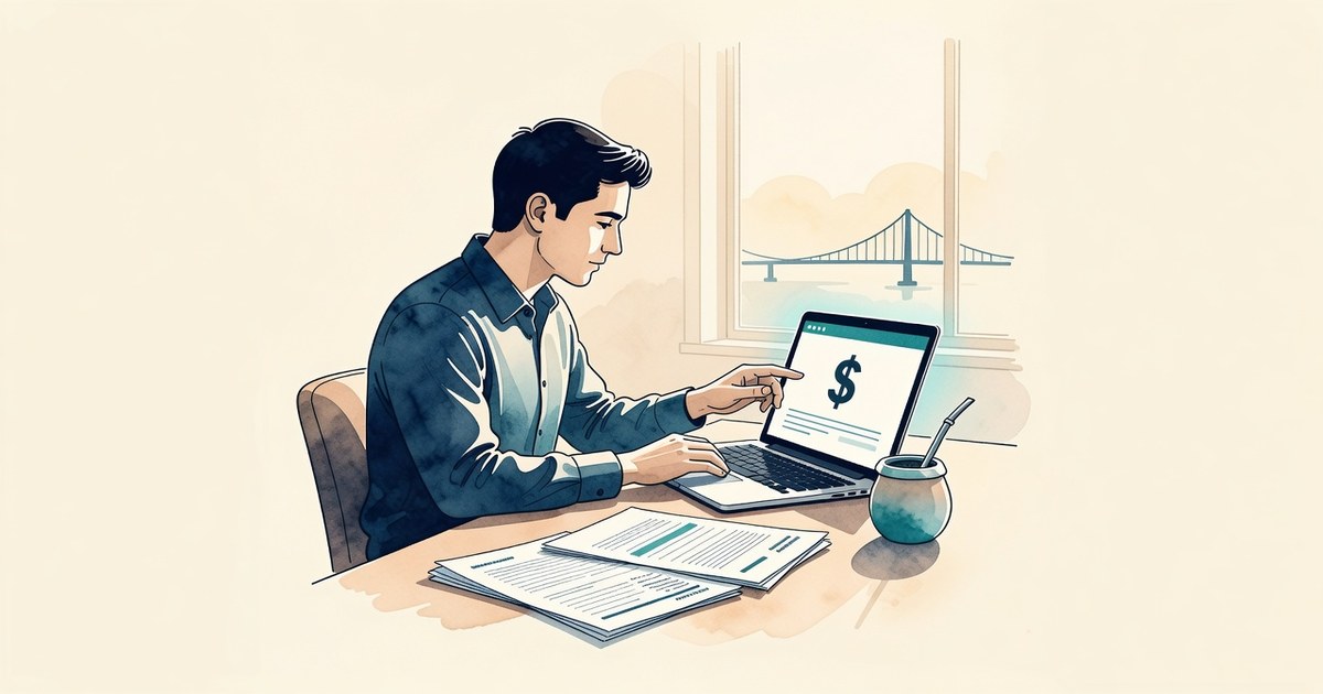 Ilustración de una persona preparando una factura de exportación en un portátil junto a papeles fiscales, con un puente al fondo