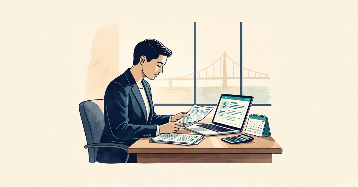 Ilustración de una persona revisando papeles tributarios colombianos junto a un portátil con un pago en dólares, con un puente al fondo