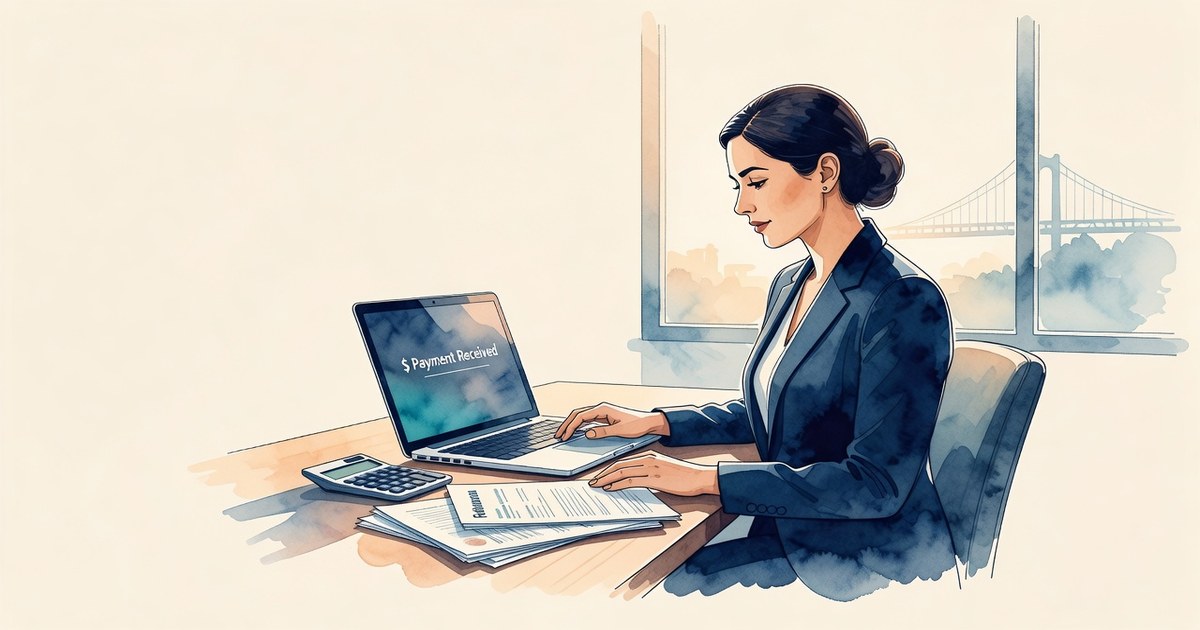 Ilustración de una persona emitiendo una factura digital junto a documentos fiscales mexicanos, con un puente al fondo