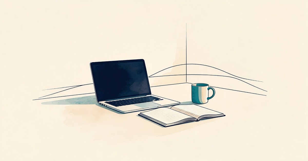 Pantalla apagada sobre un escritorio, un cuaderno abierto al lado
