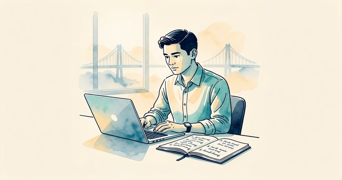 Ilustración de una persona en videollamada de entrevista con una libreta de cinco pasos al lado, con un puente al fondo