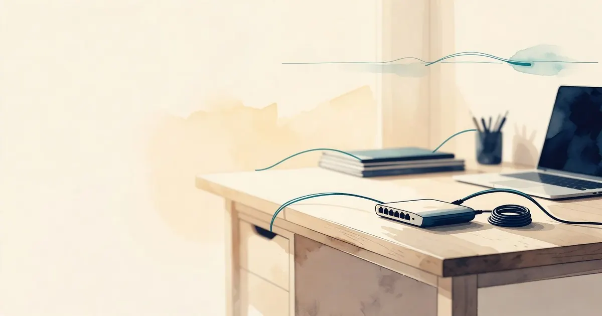 Router discreto en un rincón, cable recogido