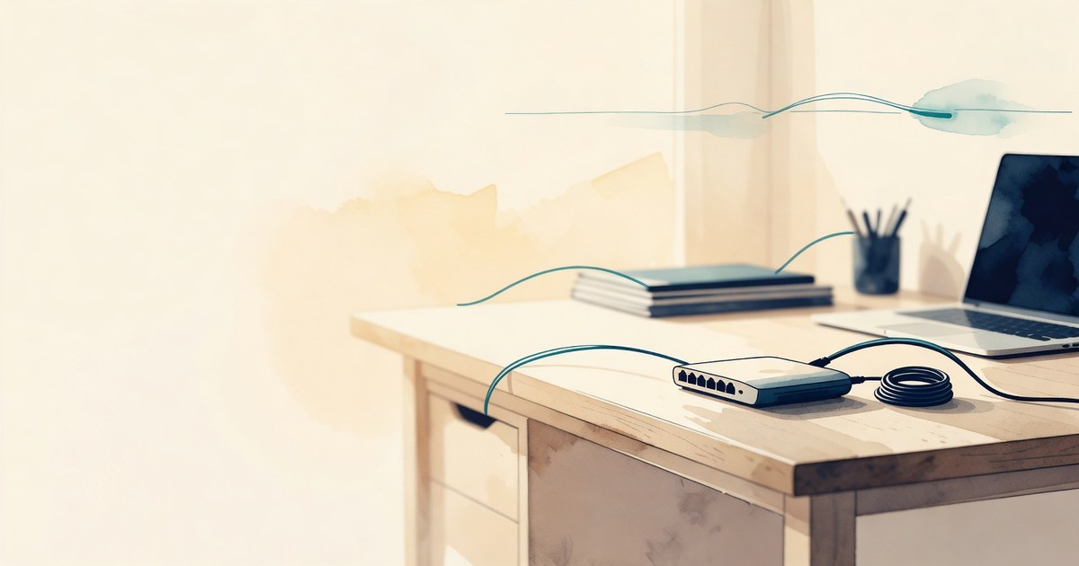 Router discreto en un rincón, cable recogido