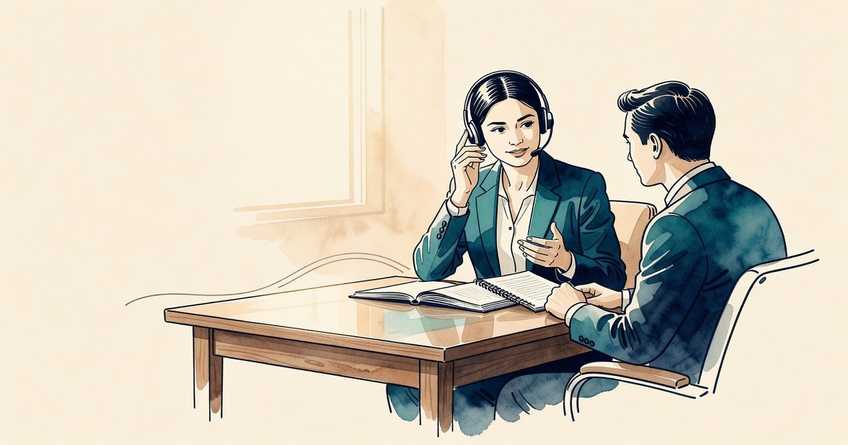 Persona de ventas bilingüe en una llamada con su libreta de puntos de conversación