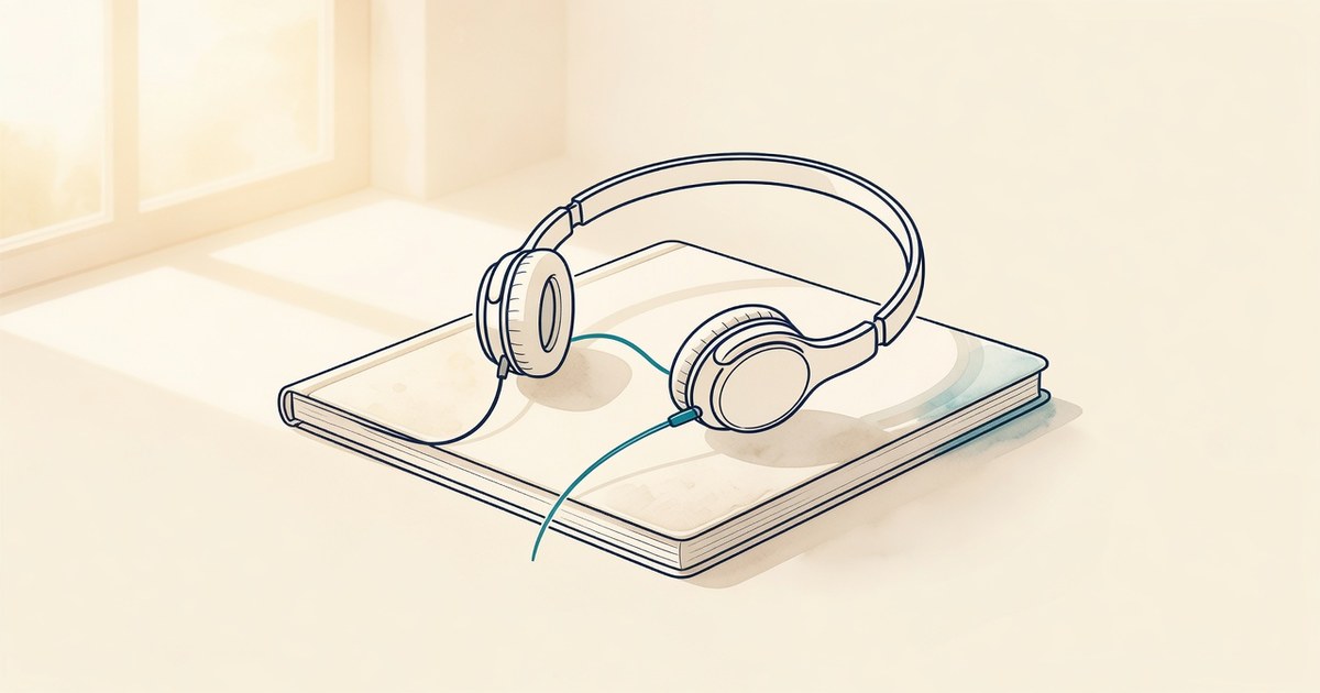 Auriculares sobre un cuaderno cerrado, luz de tarde