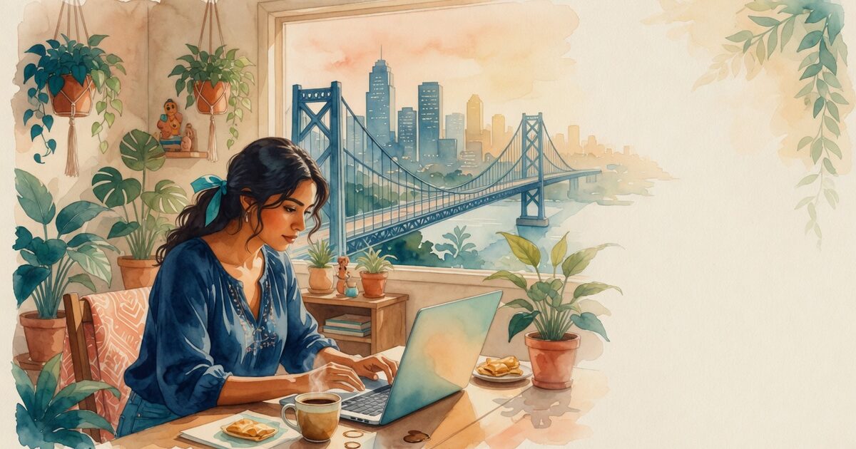 Ilustración de una persona trabajando remoto desde casa en Latinoamérica, con un puente hacia el horizonte de una ciudad de Estados Unidos