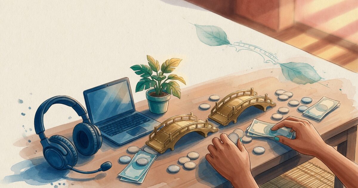 Ilustración de un escritorio con audífonos, laptop y monedas conectados por un pequeño puente, simbolizando trabajos bilingües pagados en dólares